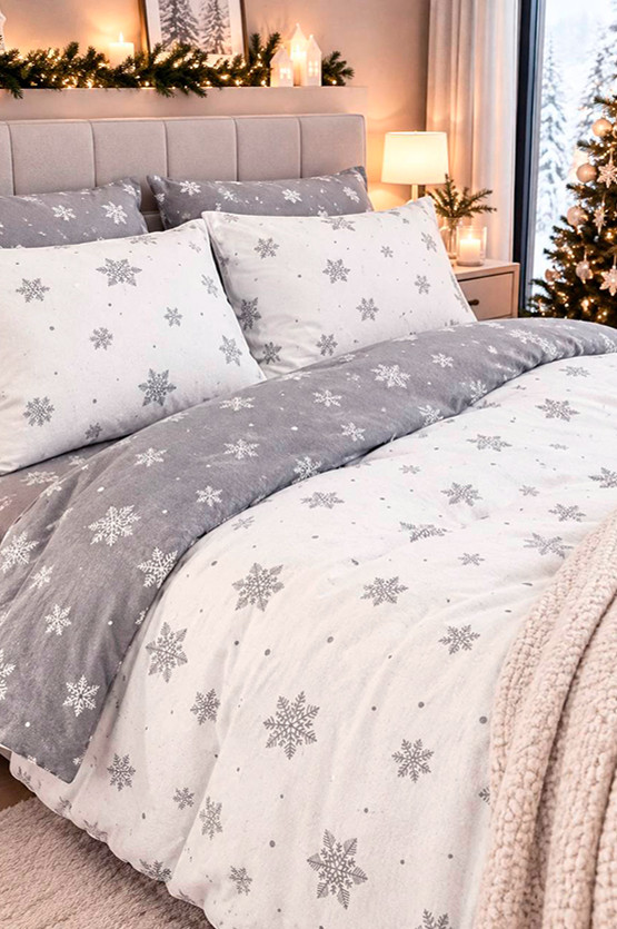 Комплект постільної білизни з фланелю (двоспальний) Mazani Сніжинки (white/grey) | Mazani - 1